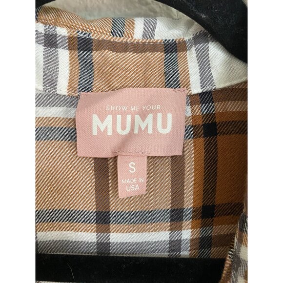 Show Me Your Mumu Leo Button Down Long Tunic Dress Size Small Tan/Blue Plaid - Picture 10 of 13